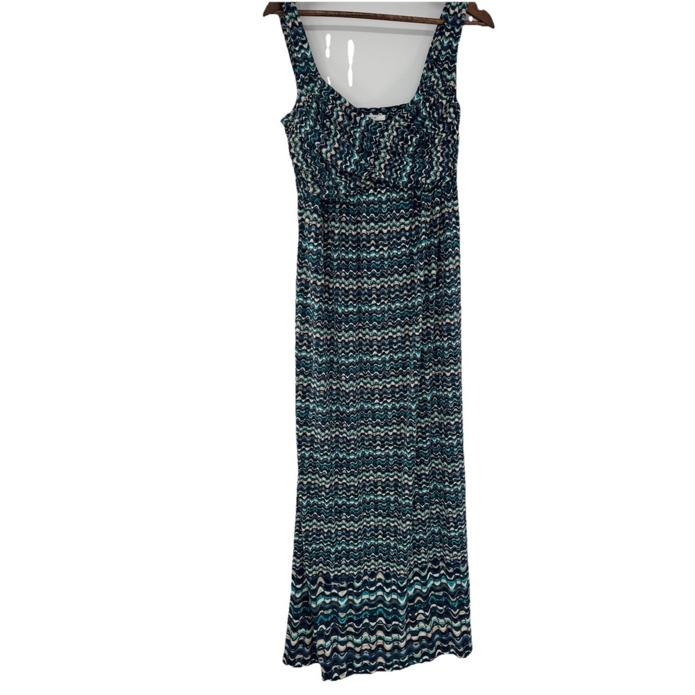 Max Studio White Blue Ruched Babydoll Maxi Dress M Beachy Coverup Boho Stretch